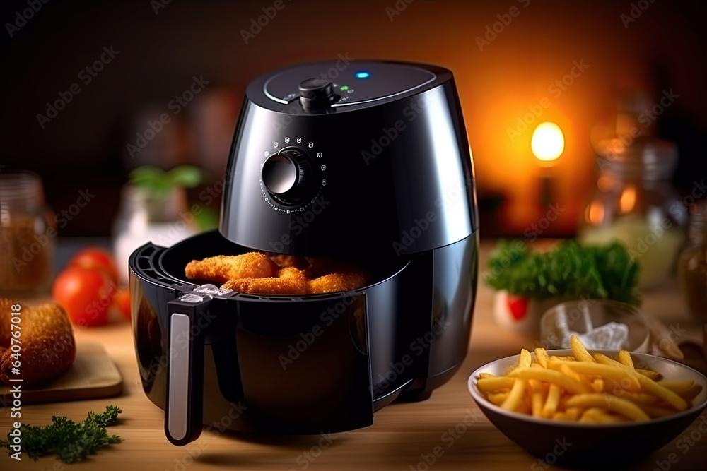 Air fryer oil free, a black air fryer or oil free fryer appliance is on the wooden table in the kitc