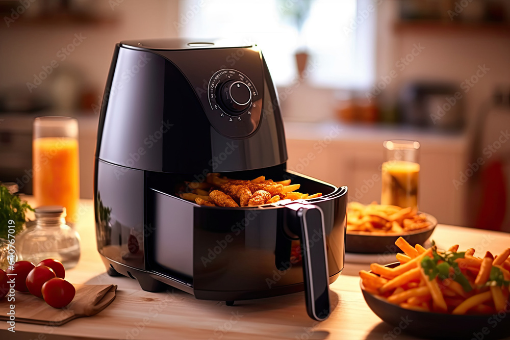 Air fryer oil free, a black air fryer or oil free fryer appliance is on the wooden table in the kitc