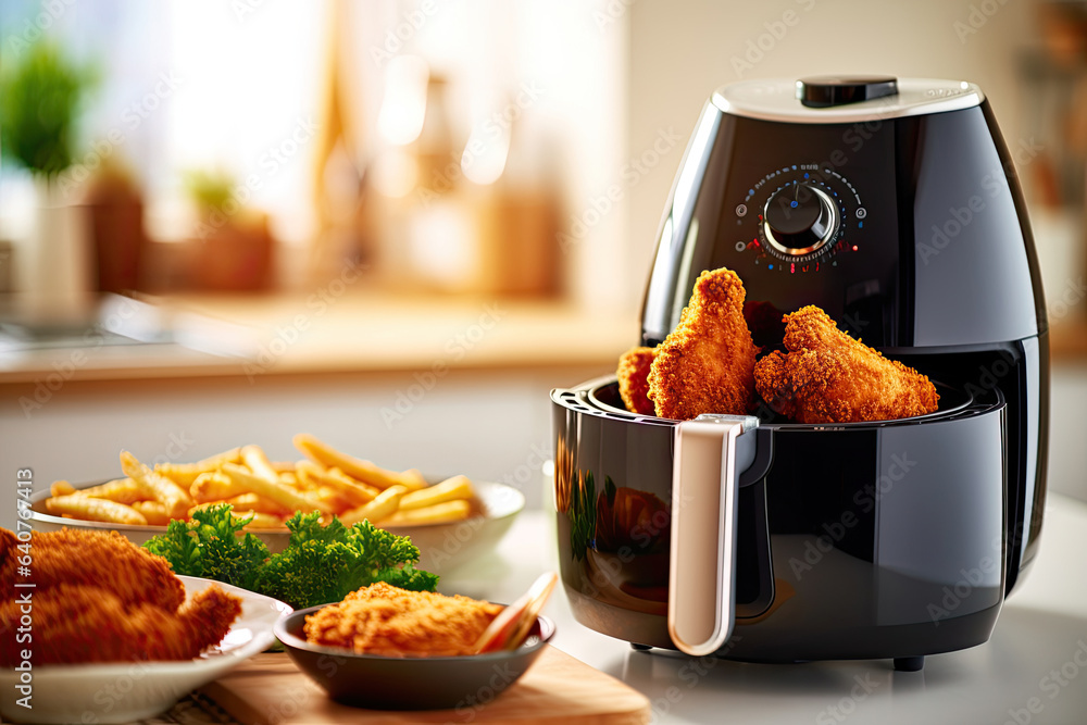 Air fryer with fried breaded chicken on the table in the kitchen. Generative Ai