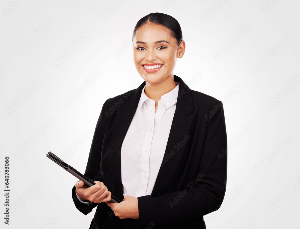 Tablet, smile and portrait of businesswoman in a studio to scroll on the internet, website or blog. 