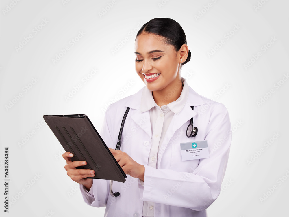 Happy woman, doctor and tablet in healthcare research, communication or Telehealth against a studio 