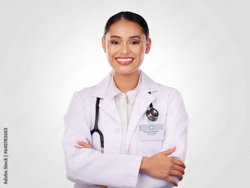 Doctor, smile and portrait of woman with arms crossed, confidence and pride in medicine and healthca