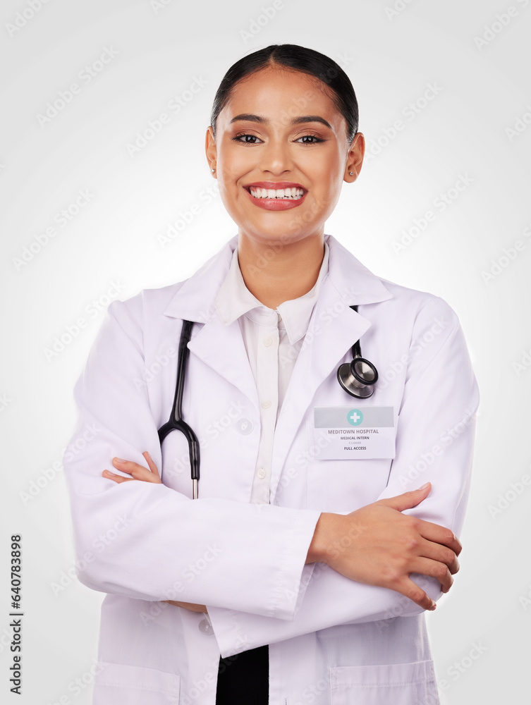 Portrait, doctor and smile of woman with arms crossed, confidence and pride in medicine and healthca