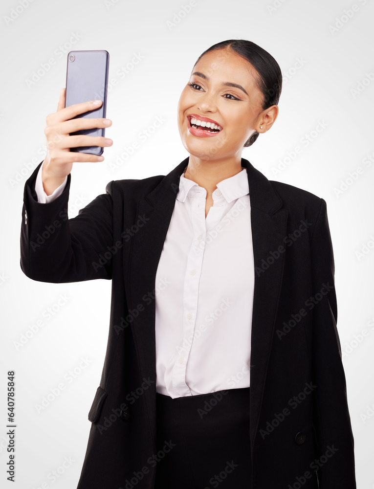 Business woman, phone and video call in discussion, networking or communication against a studio bac