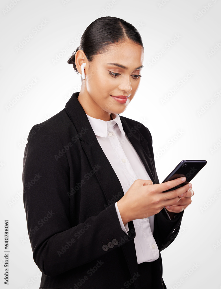 Communication, phone and earphones with a business woman in studio on a white background for network