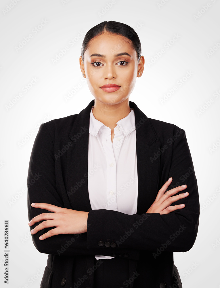 Business woman, arms crossed and portrait, confidence and lawyer isolated on white background. Face,