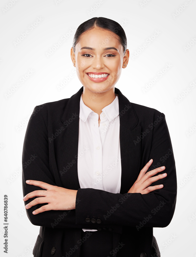 Crossed arms, confidence and portrait of businesswoman in studio with a smile for positive attitude.