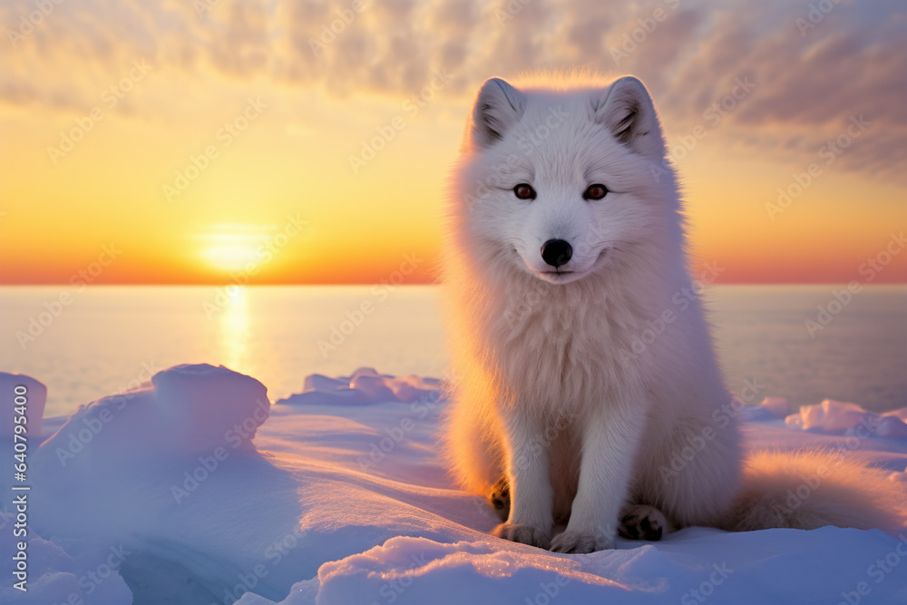 Arctic Fox sitting in arctic sunset, aurora borealis. Beautiful nature background. 