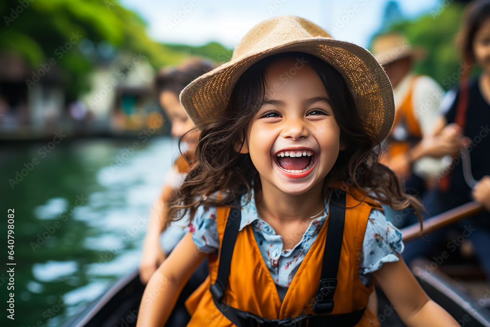 Exhilarating moment of a cute girl experiencing joy on a boat, open-mouthed with sheer delight.