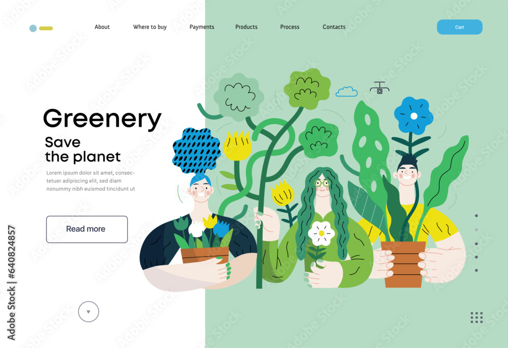 Greenery, ecology -modern flat vector concept illustration of people surrounded by plants and flower