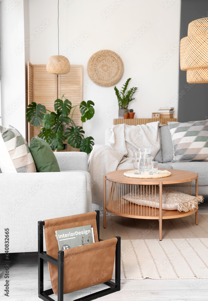 Interior of light living room with sofas and Monstera houseplant