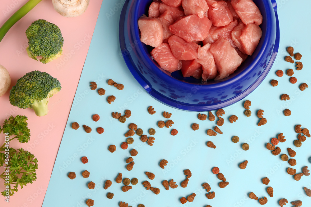 Bowl with raw meat, dry pet food and natural products on color background, closeup