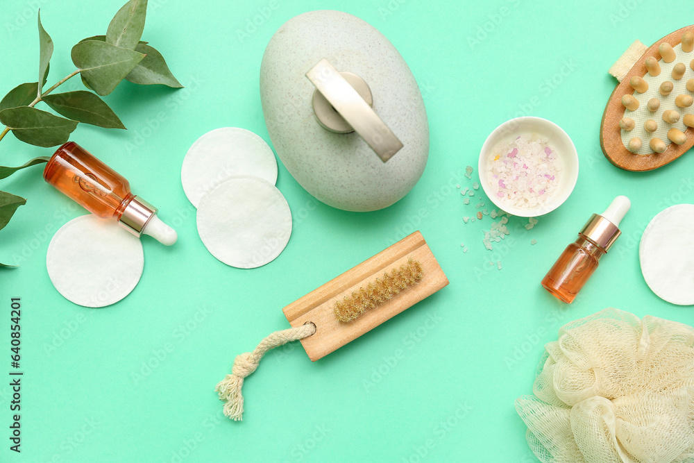 Set of bath supplies and cosmetic products on color background