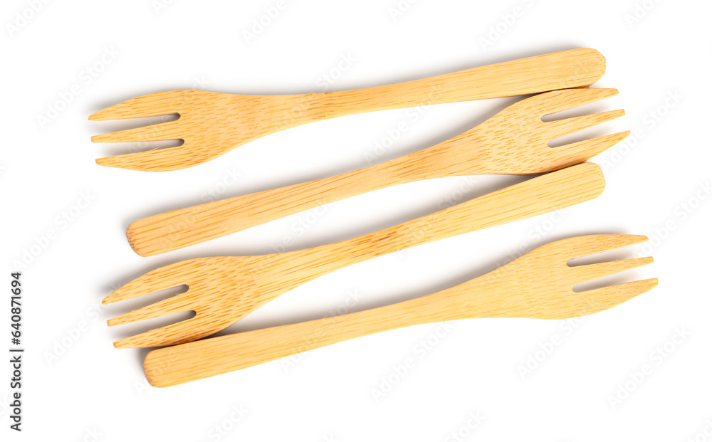 Set of wooden forks isolated on white background