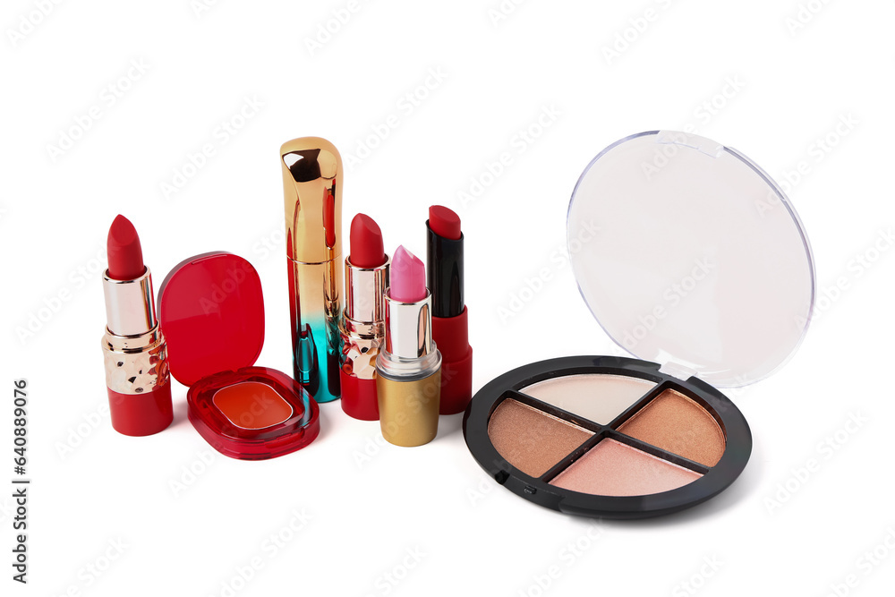 Set of different decorative cosmetics on white background