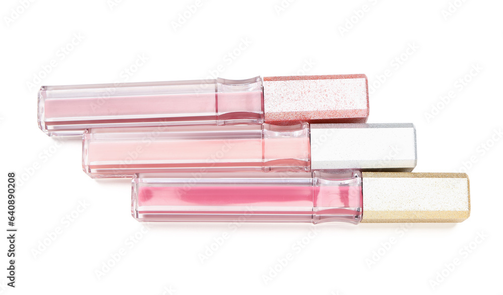 Beautiful liquid pink lipsticks in different shades on white background