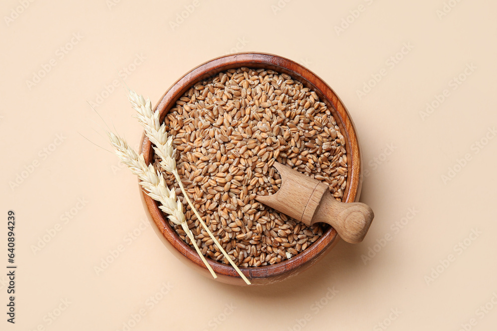 Wooden bowl with grains, wheat ears and scoop on beige background