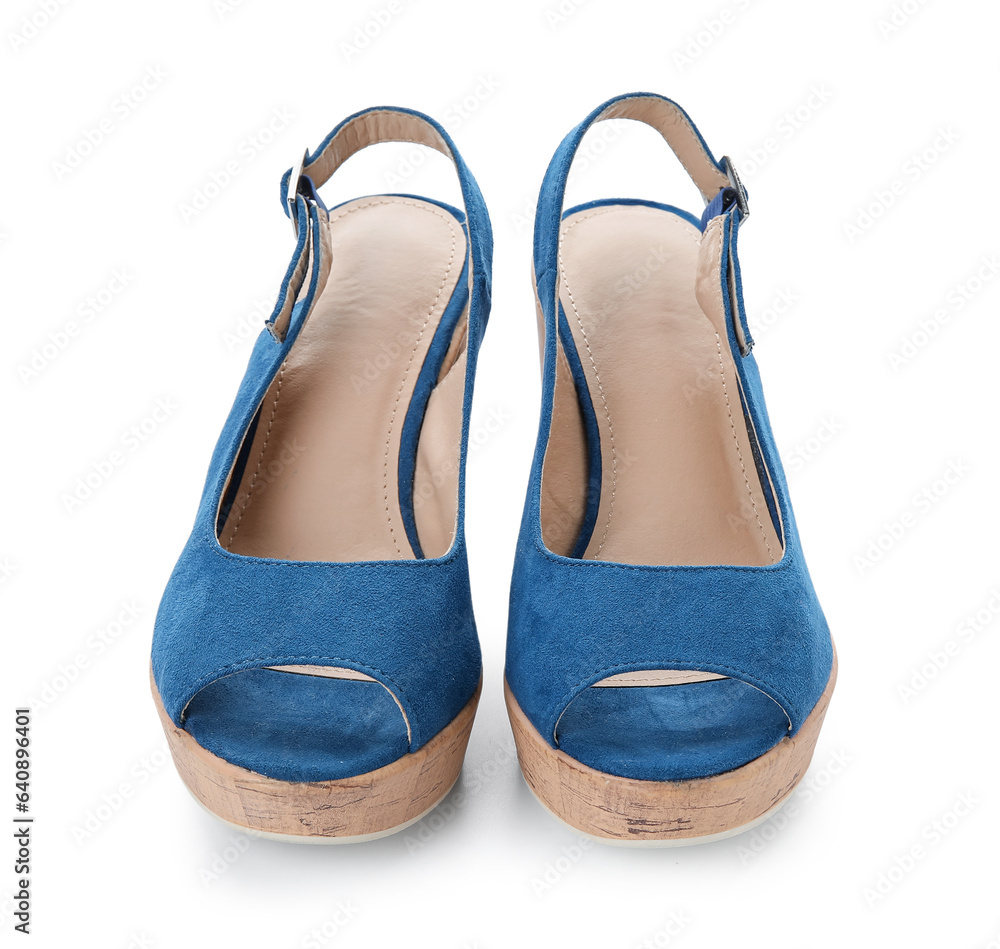 Stylish blue sandals on white background