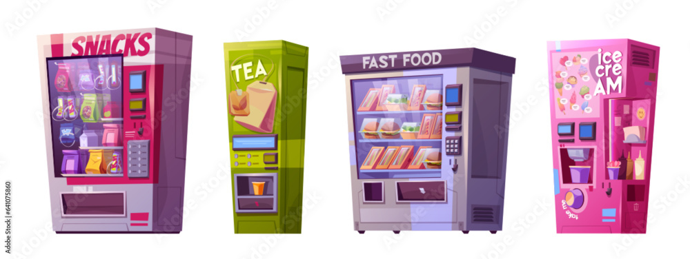 Vending machines with fast food, snacks, tea and ice cream. Equipment for automatic meals and drinks