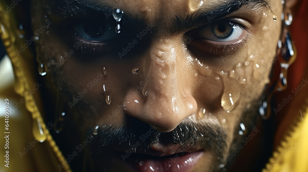 Extreme close up of a professional athlete with sweat pouring down his face.