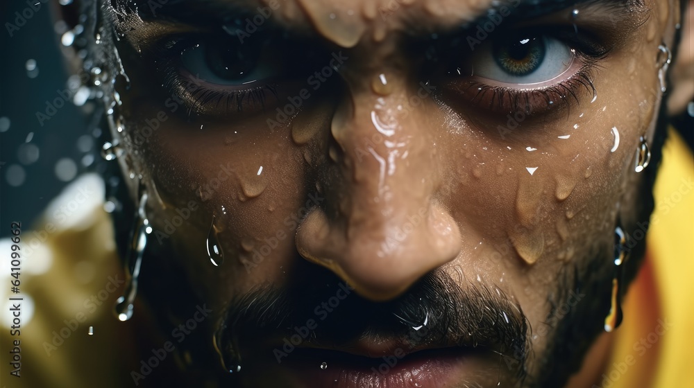 Extreme close up of a professional athlete with sweat pouring down his face.