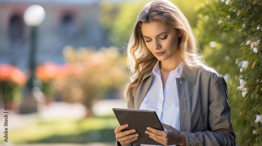 Beautiful woman using a tablet in the park.