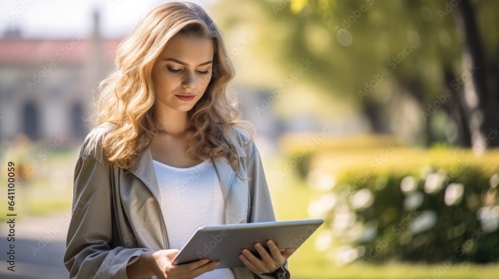 Beautiful woman using a tablet in the park.