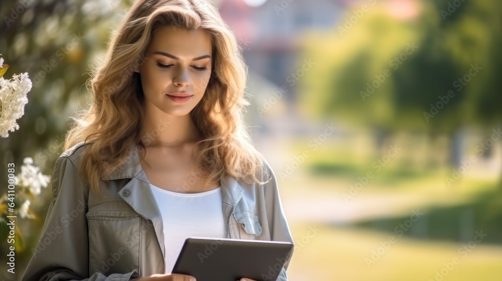 Beautiful woman using a tablet in the park.