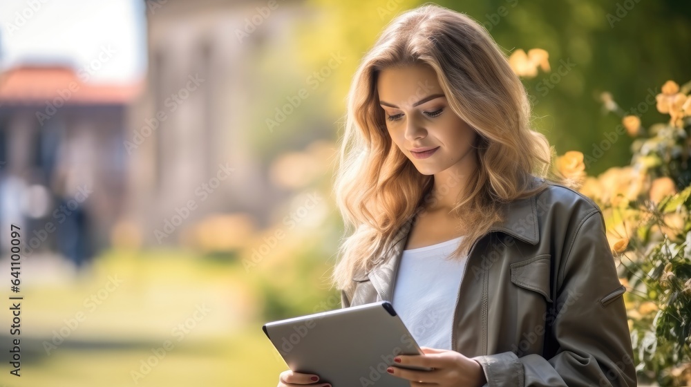 Beautiful woman using a tablet in the park.