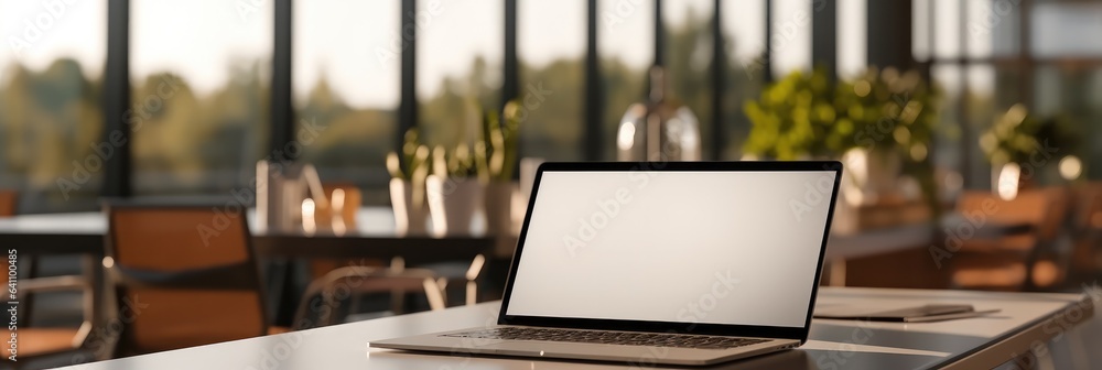 Laptop with blank white desktop screen on a modern meeting table in a contemporary room.