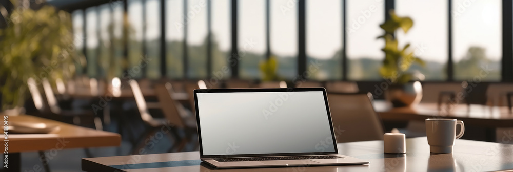 Laptop with blank white desktop screen on a modern meeting table in a contemporary room.