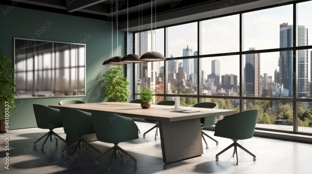 Office interior with meeting table and chairs on modern building.