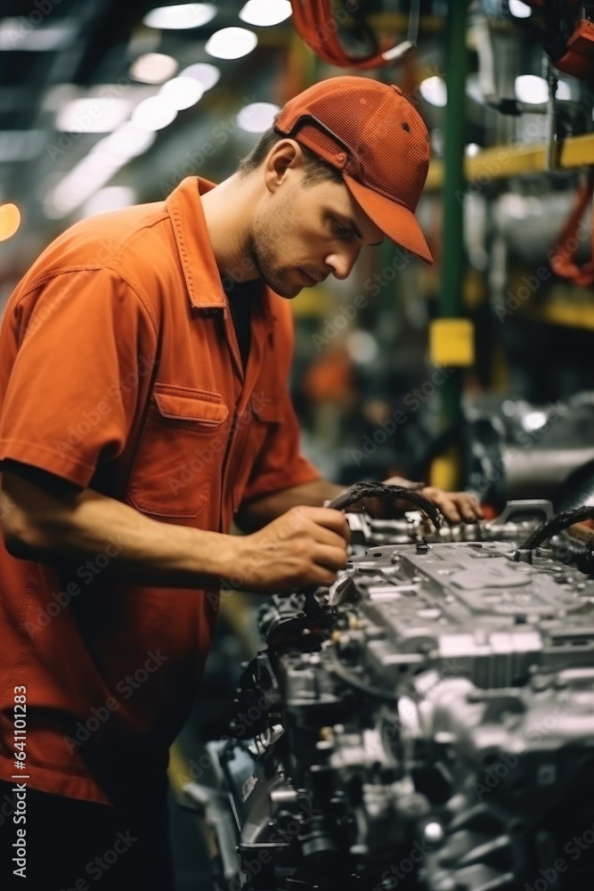 Worker working in auto factory production line.