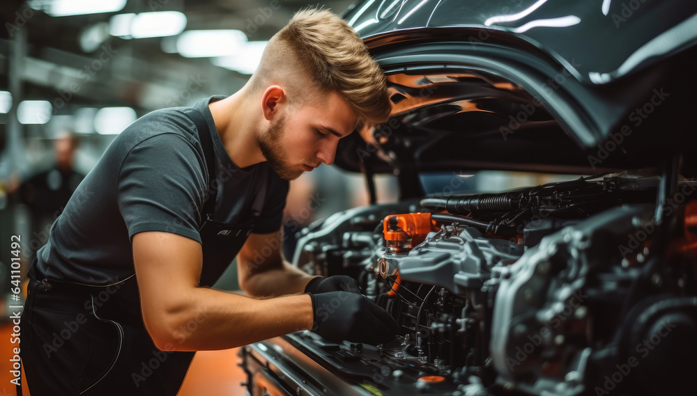 Worker attaches components to an auto engine at factory production line.