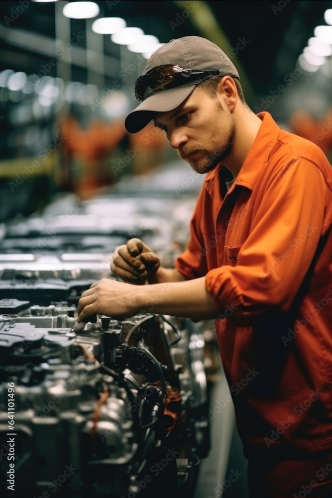 Worker attaches components to an auto engine at factory production line.