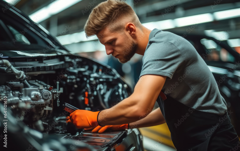 Worker attaches components to an auto engine at factory production line.