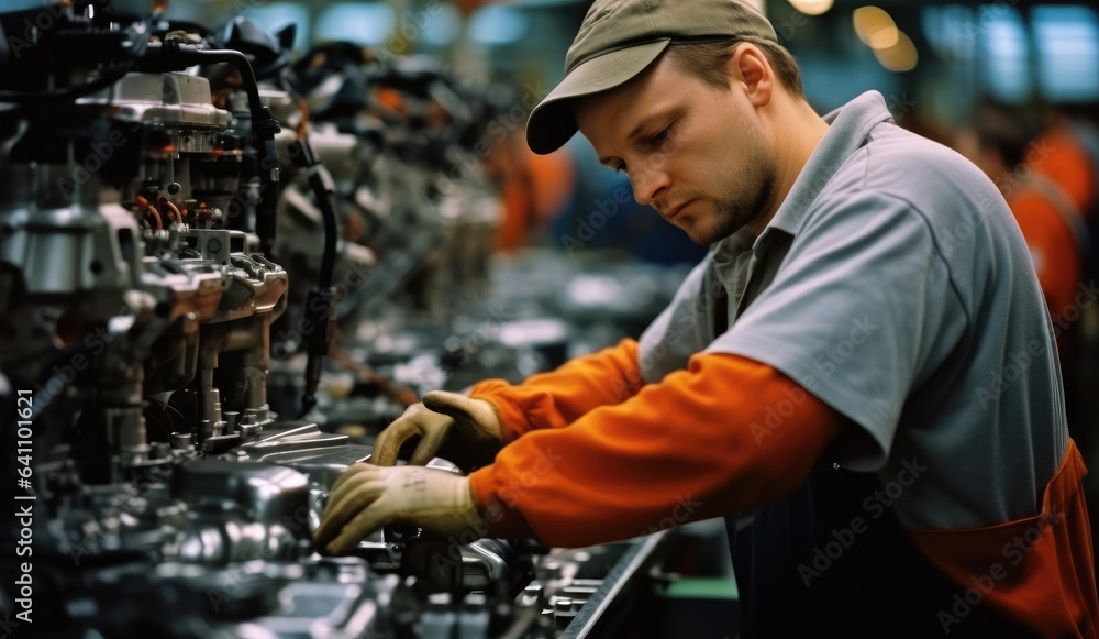 Worker working in auto factory production line.