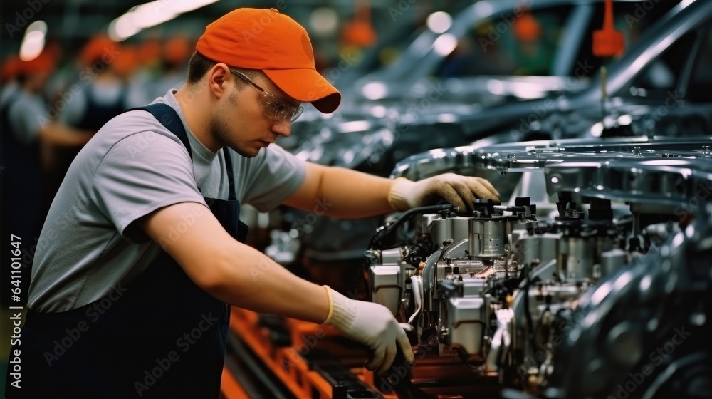 Worker attaches components to an auto engine at factory production line.