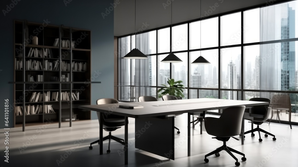 Office interior with meeting table and chairs on modern building.