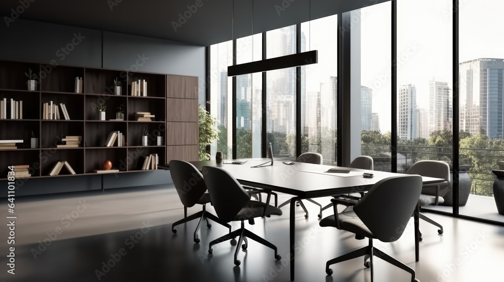 Office interior with meeting table and chairs on modern building.