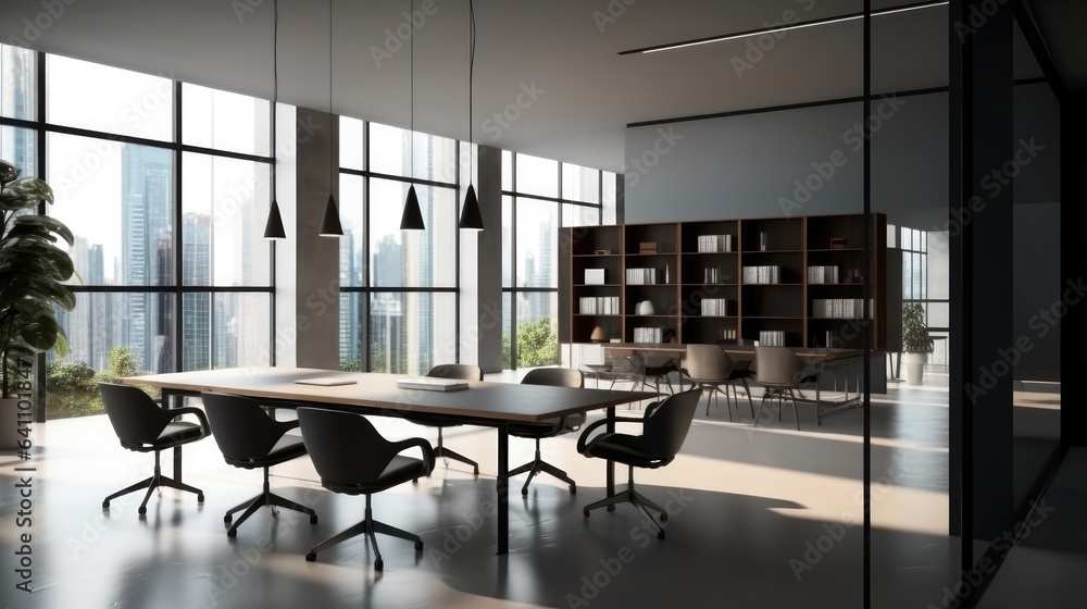 Office interior with meeting table and chairs on modern building.