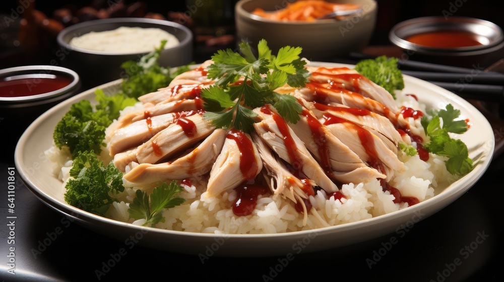 Chicken rice, Singaporean dish made with poached chicken served on fragrant rice, Accompanied by gin