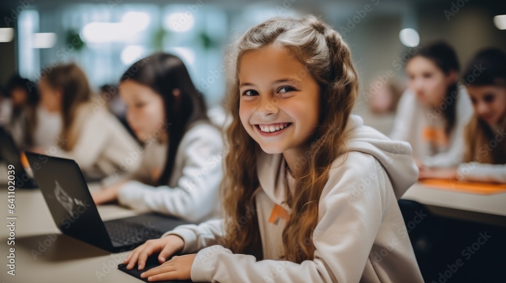 Happy young girls learning basic programming skills in school.