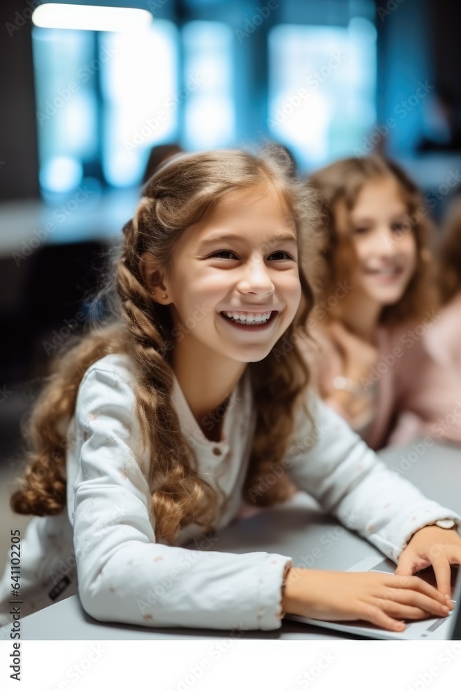 Happy young girls learning basic programming skills in school.