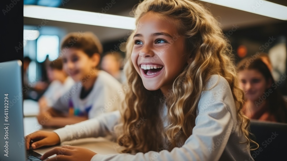 Happy young girls learning basic programming skills in school.