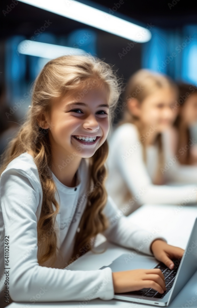 Happy young girls learning basic programming skills in school.