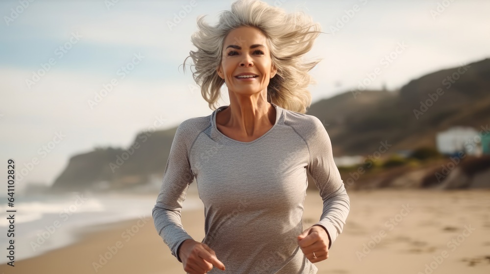 Middle aged women are jogging workout on the morning beach, Jogging workout.