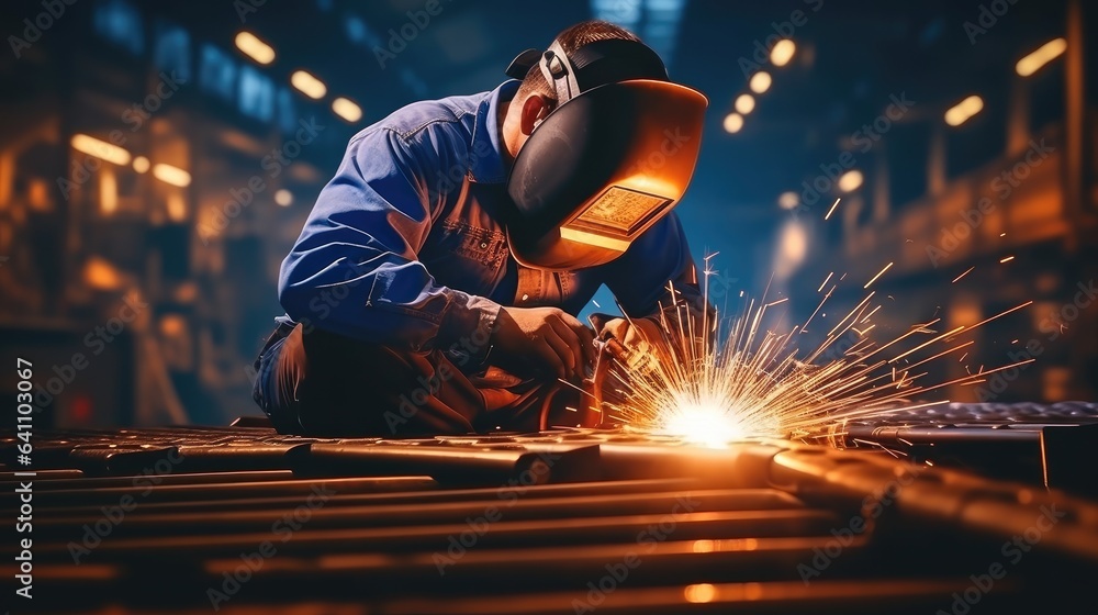 Male welder in a protective mask is welding metal in a factory.