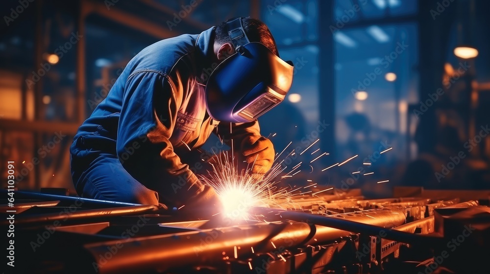 Male welder in a protective mask is welding metal in a factory.