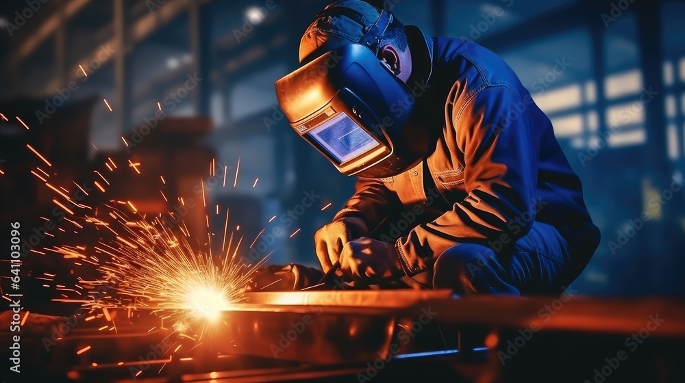 Male welder in a protective mask is welding metal in a factory.